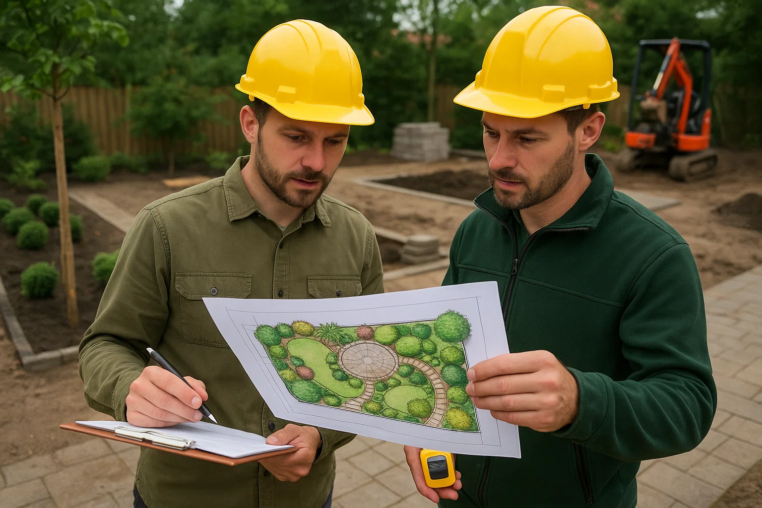 Landscape professionals discussing a garden and driveway design project.