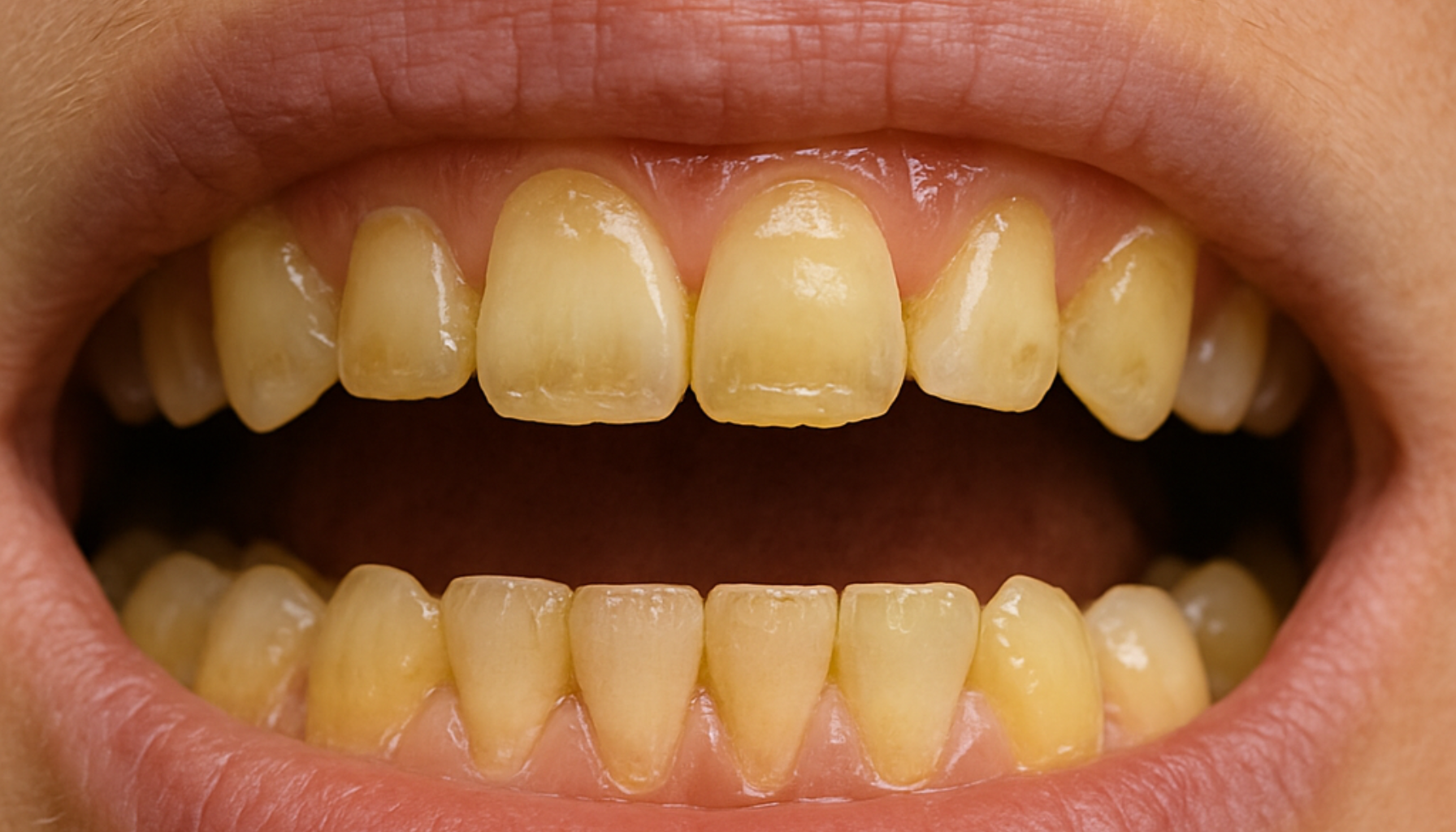 Nærbilde av åpne tenner som viser tydelige tegn på erosjon med slitt emalje og misfarging forårsaket av syrepåvirkning