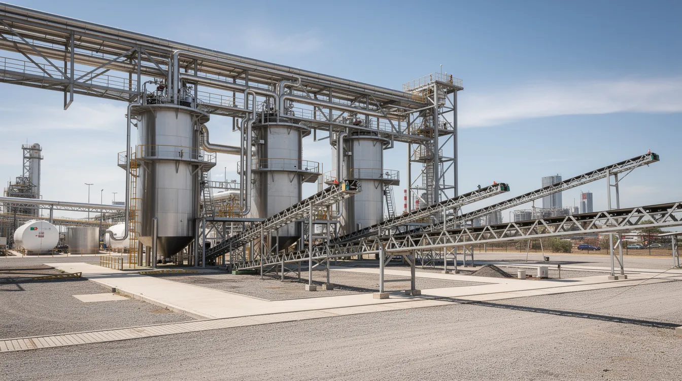 The image depicts a large industrial solvent extraction plant featuring robust steel vessels, extensive piping networks, and conveyor systems, all situated in an open industrial yard. This facility is designed for efficient oil extraction, utilizing advanced solvent extraction technology to maximize oil yield from various seeds while ensuring an environmentally friendly process.