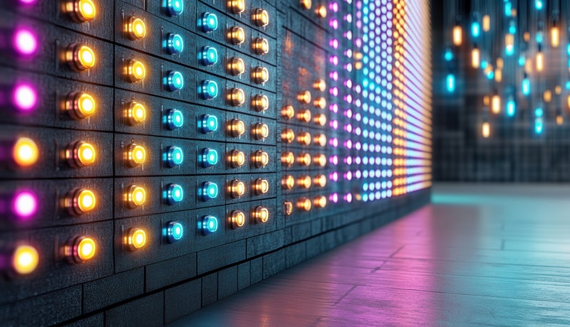 Visual layout showing a grid of pixel-controlled LEDs mapped across a façade