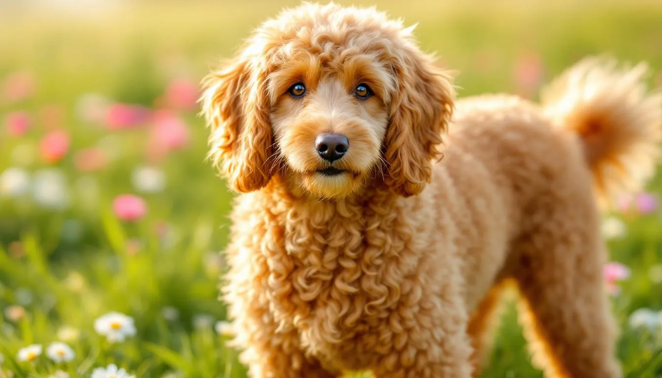 A goldendoodle with a wavy coat showcases the typical desired texture of this mixed breed, combining the traits of both golden retrievers and poodles. Its fluffy fur and friendly expression highlight its playful and intelligent nature, making it an ideal companion for active families.