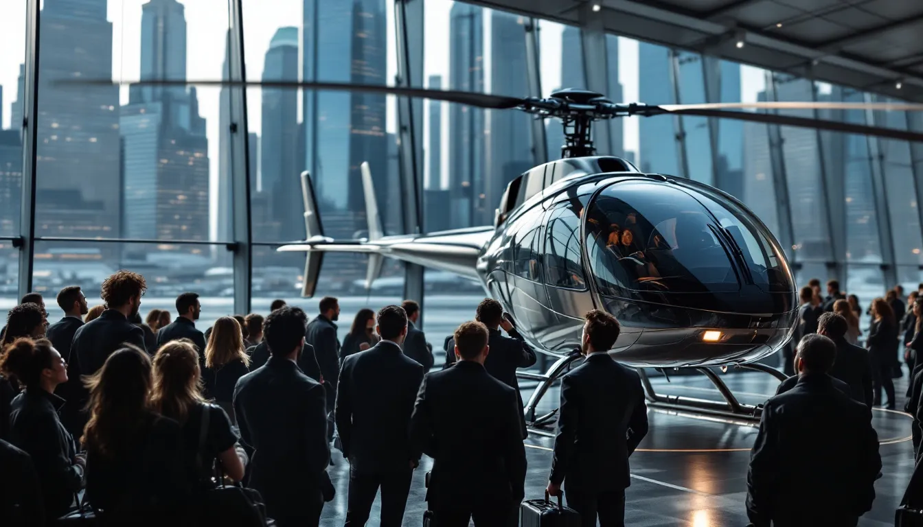 Passengers waiting at the JFK terminal for their helicopter ride.