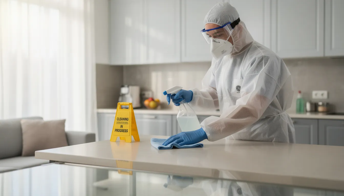 A professional cleaning team member, dressed in protective equipment, is actively working in a cluttered home environment, addressing hoarding problems. The scene emphasizes the importance of professional help in managing hoarding behavior and creating a more organized space for individuals struggling with mental health issues.