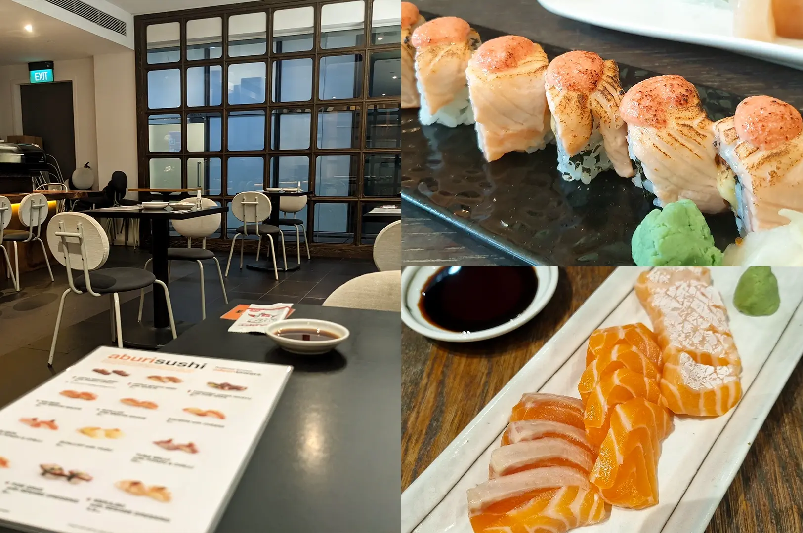 Eye-level wide-angle view. Left: Contemporary sushi restaurant interior with dark flooring, round dining tables, white and black chairs, wood-framed glass partitions, tabletop soy sauce dishes, and a sushi menu in the foreground under soft ambient lighting. Upper Right: Close-up view of seared salmon sushi rolls arranged on a black rectangular plate, topped with lightly torched creamy sauce, accompanied by green wasabi and showcasing glossy textures and grill marks. Lower Right: Close-up view of assorted salmon sashimi slices arranged on a long white serving plate beside a dish of soy sauce and a portion of wasabi, highlighting marbled fish textures and clean presentation on a wooden table.