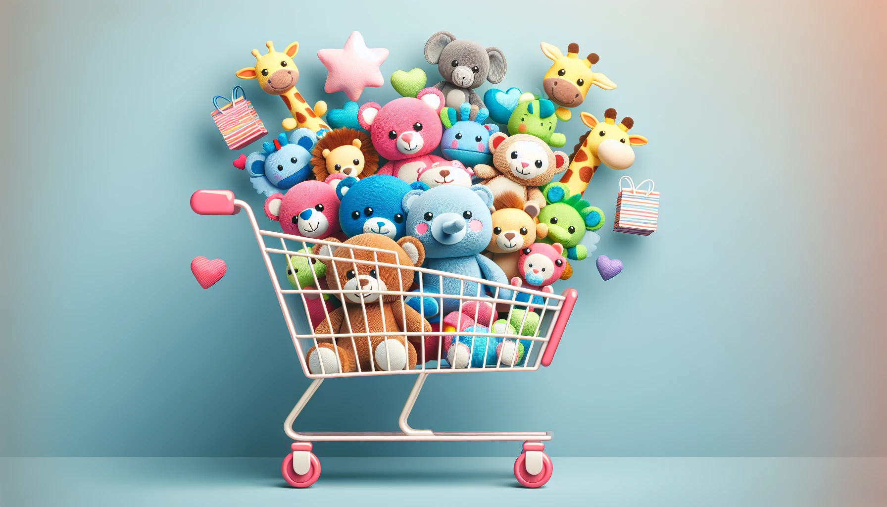 Online shopping cart with baby plush toys