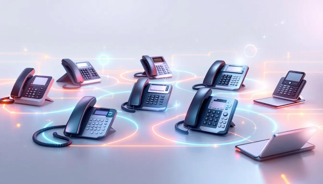 Illustration de la convergence telecom avec des téléphones fixes et mobiles connectés.