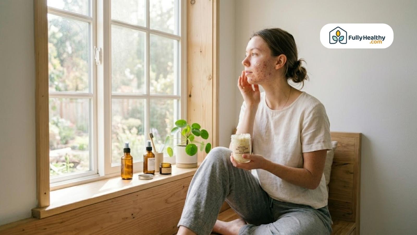 Woman applying tallow balm by window with natural light skincare routine