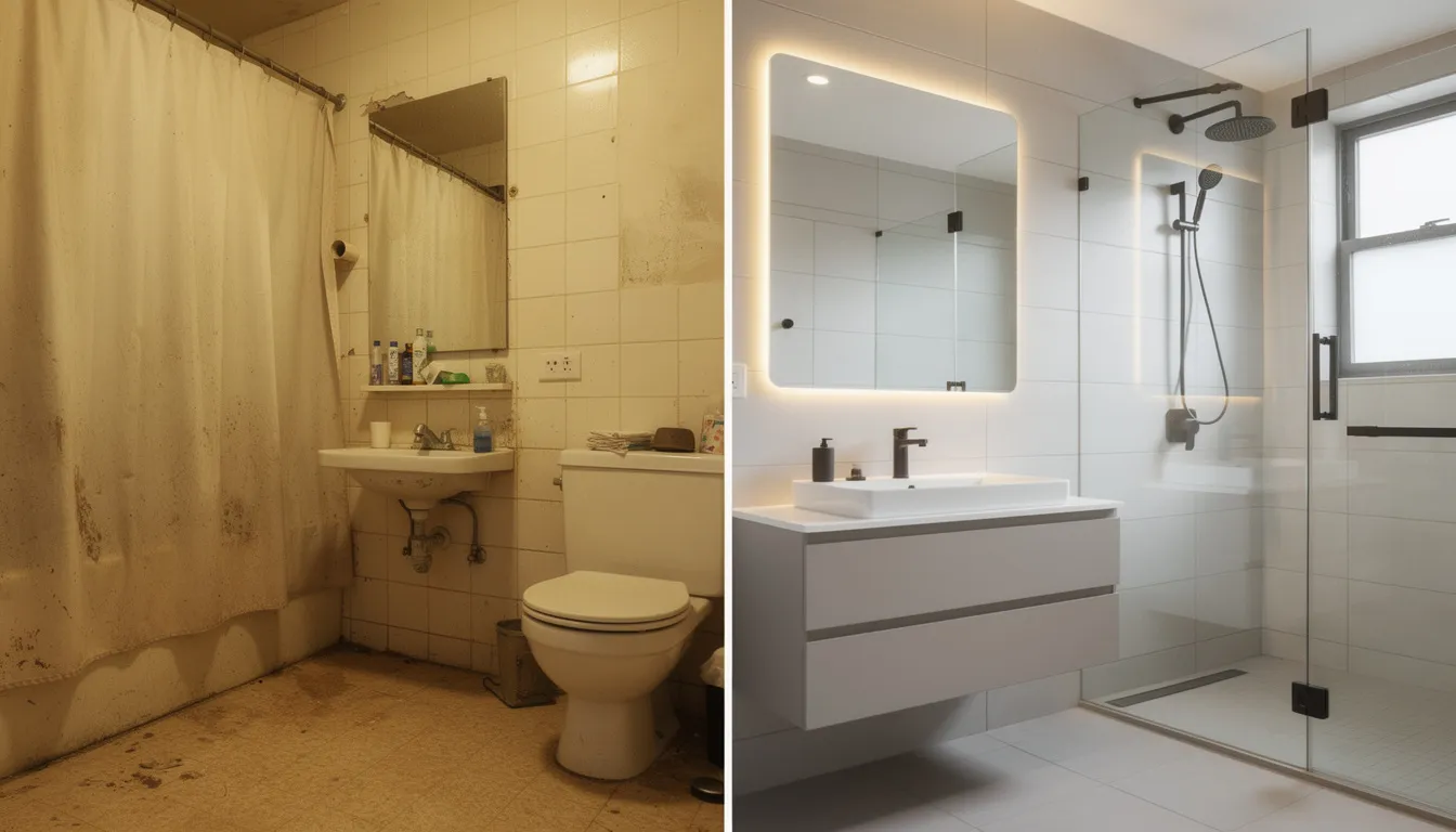 The image showcases a before-and-after comparison of a transformed bathroom, highlighting modern fixtures such as a new walk-in shower, updated accessories, and a fresh layout. This bathroom renovation emphasizes easy installation and safety features like grab bars, creating an accessible and stylish space.