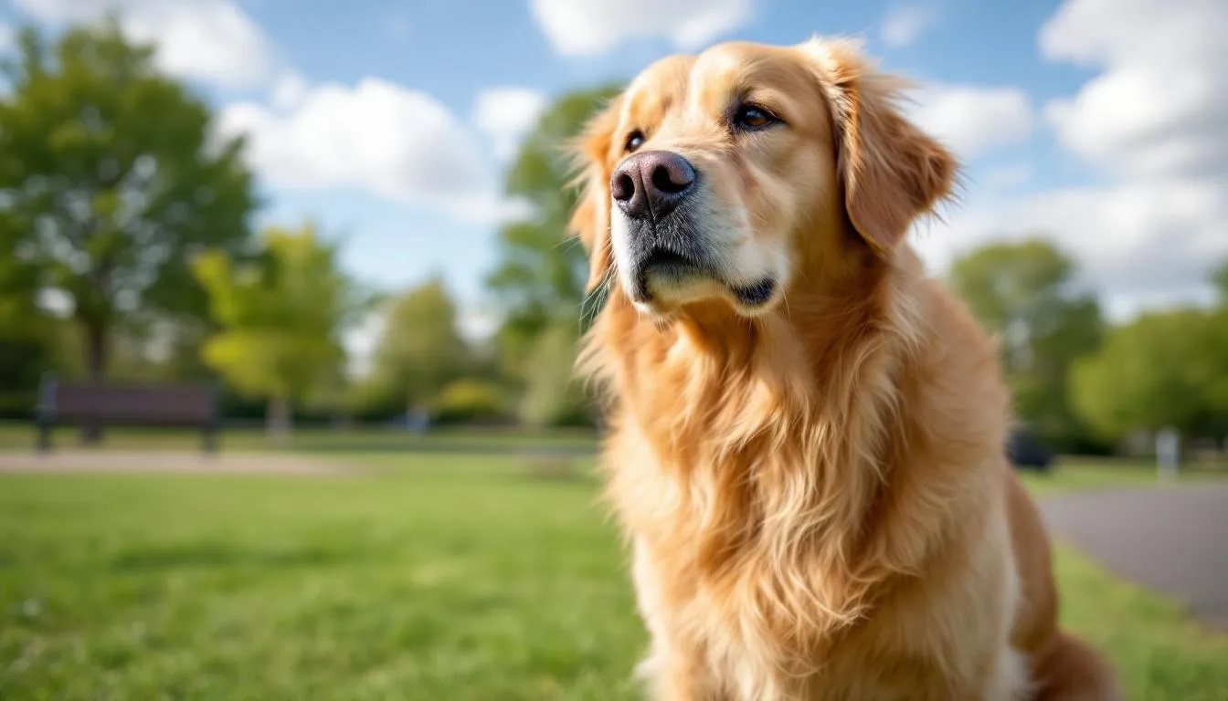 A golden retriever is seen coughing outdoors in a park, surrounded by trees and grass, possibly exhibiting signs of kennel cough, a highly contagious canine infectious respiratory disease. Other dogs are nearby, highlighting the importance of monitoring symptoms like coughing and runny nose in dogs to prevent the spread of infection.
