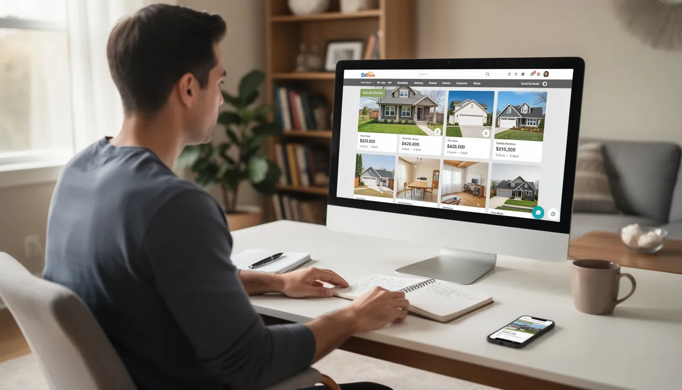 A buyer is engaged in the home search process, intently looking at a computer screen displaying various real estate listings and property types. The scene highlights the search experience, showcasing the tools available for potential buyers in the real estate industry, such as IDX search options and leads dashboard features.