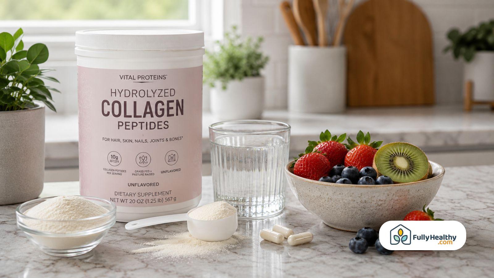 Hydrolyzed collagen peptides powder with fresh fruit water and supplement capsules on countertop