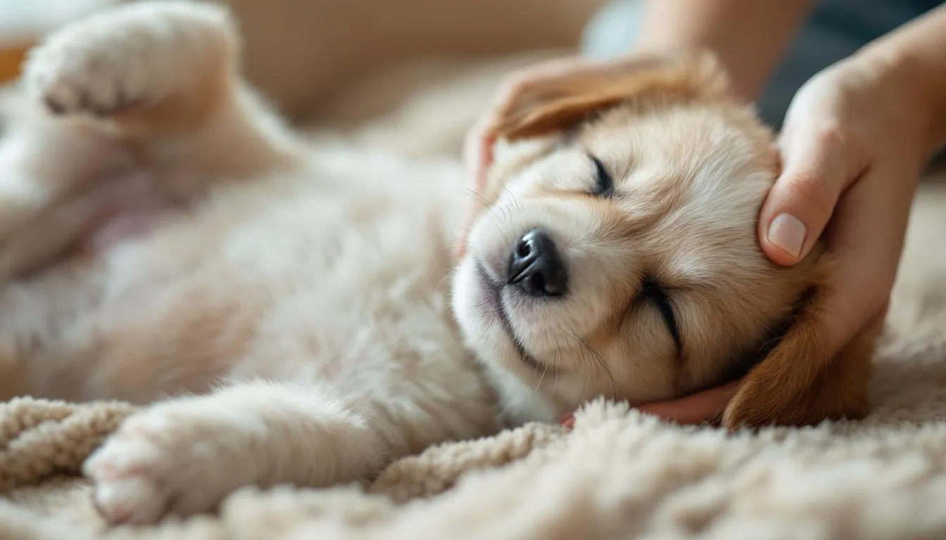 A young puppy is lying down, sighing peacefully as gentle human hands pet its soft fur, showcasing a relaxed state and contentment through its body language. The dog
