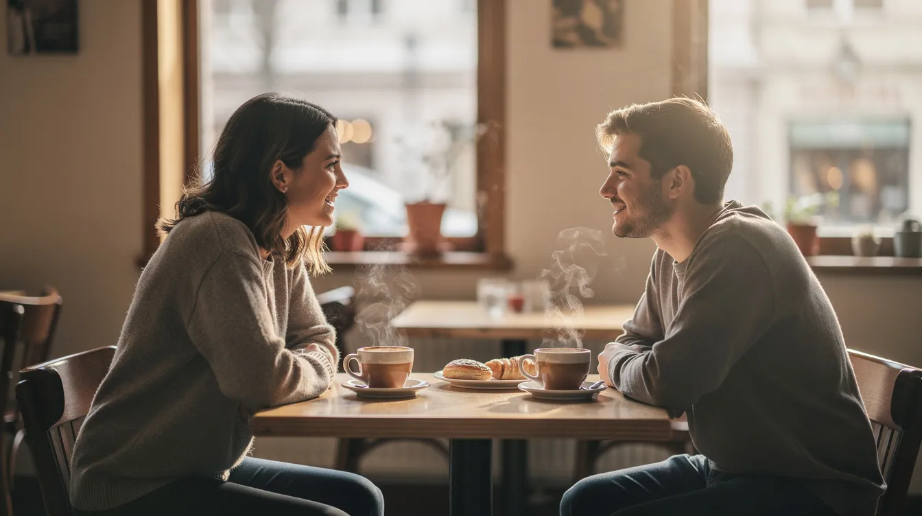 In a cozy cafe, two people are sitting at a small table, enjoying a cup of coffee while engaged in a relaxed conversation. Their discussion flows effortlessly, touching on deeper questions about core values and favorite childhood memories, creating an authentic connection reminiscent of a first date.