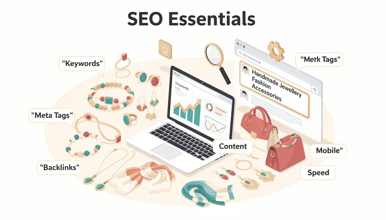 The image illustrates key SEO areas for promoting handmade jewellery and fashion accessories, highlighting the importance of a comprehensive SEO strategy, keyword research, and effective link building to enhance search engine rankings. It emphasizes the role of experienced SEO consultants and consulting services in driving organic traffic and achieving business objectives.