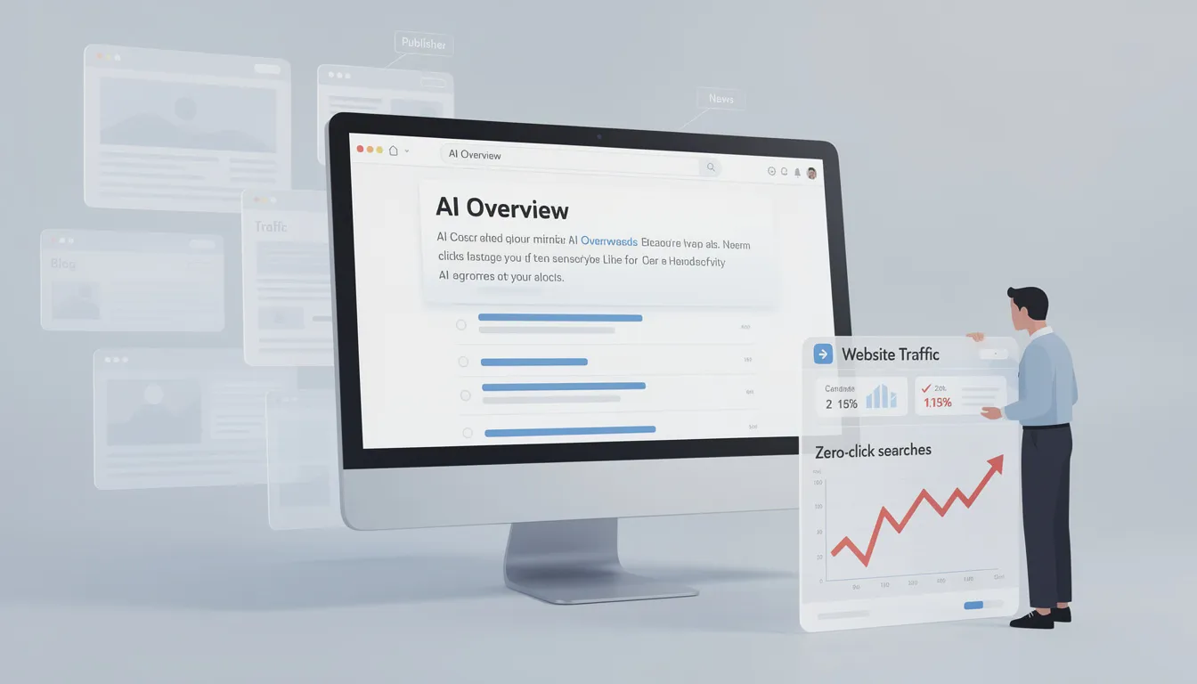 The image depicts a digital representation of a Google search results page featuring AI-generated summaries, illustrating the shift towards zero-click searches. Users are shown engaging with the AI overviews, highlighting concerns among content publishers regarding declining web traffic and the impact on organic rankings.