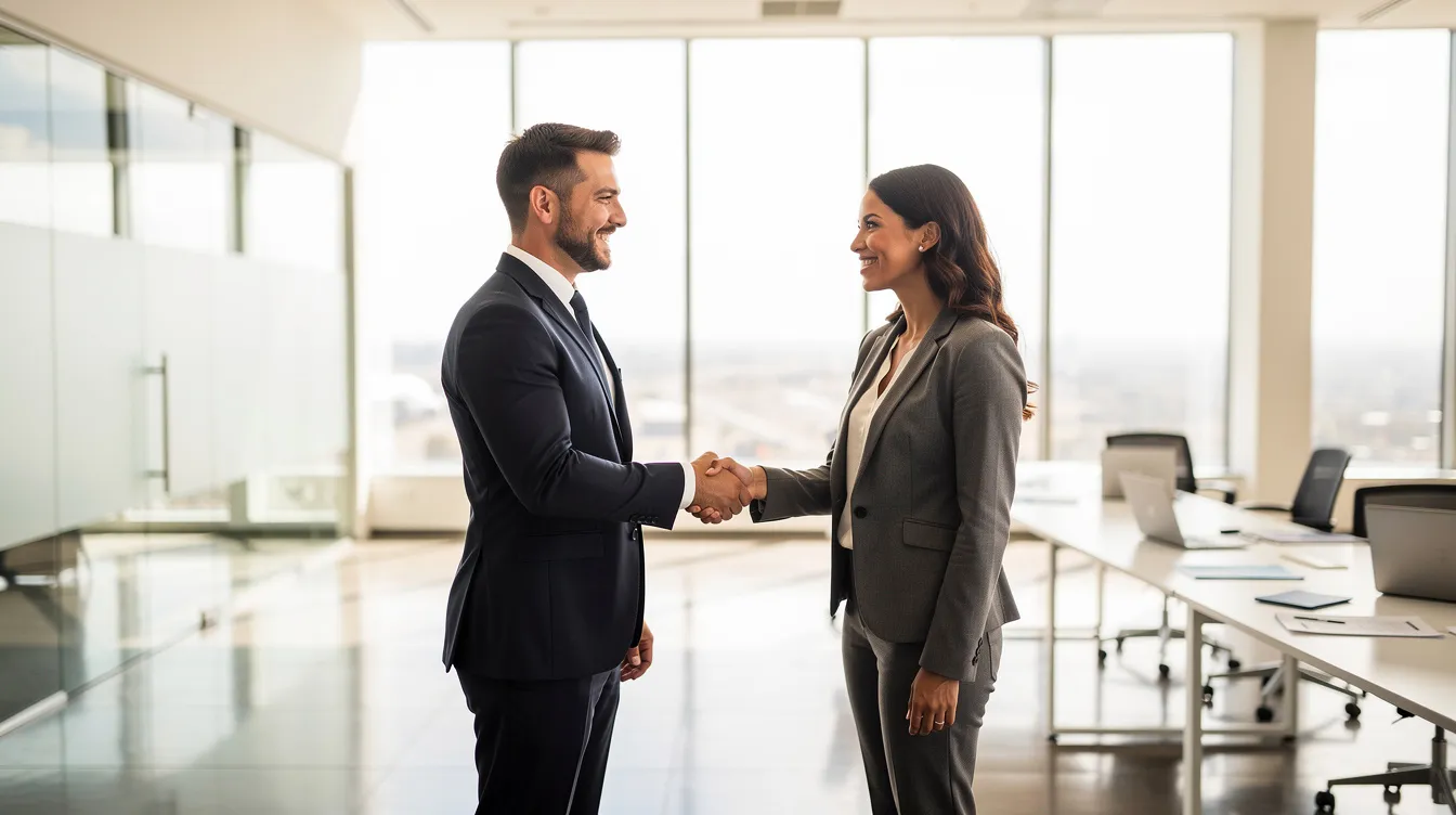The image depicts two professionals shaking hands in a bright office environment, symbolizing a successful job offer or partnership, which is essential for skilled worker visa applications in the UK. This interaction may represent the beginning of a journey for skilled worker visa holders navigating the immigration rules and requirements set by UK employers.