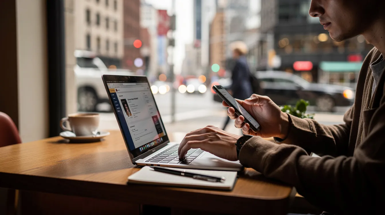 A person is seated at a cafe, multitasking with a laptop and smartphone, while a vibrant cityscape is visible through the window. This scene reflects the modern digital banking landscape, where technology platforms enable users to manage their financial services seamlessly.