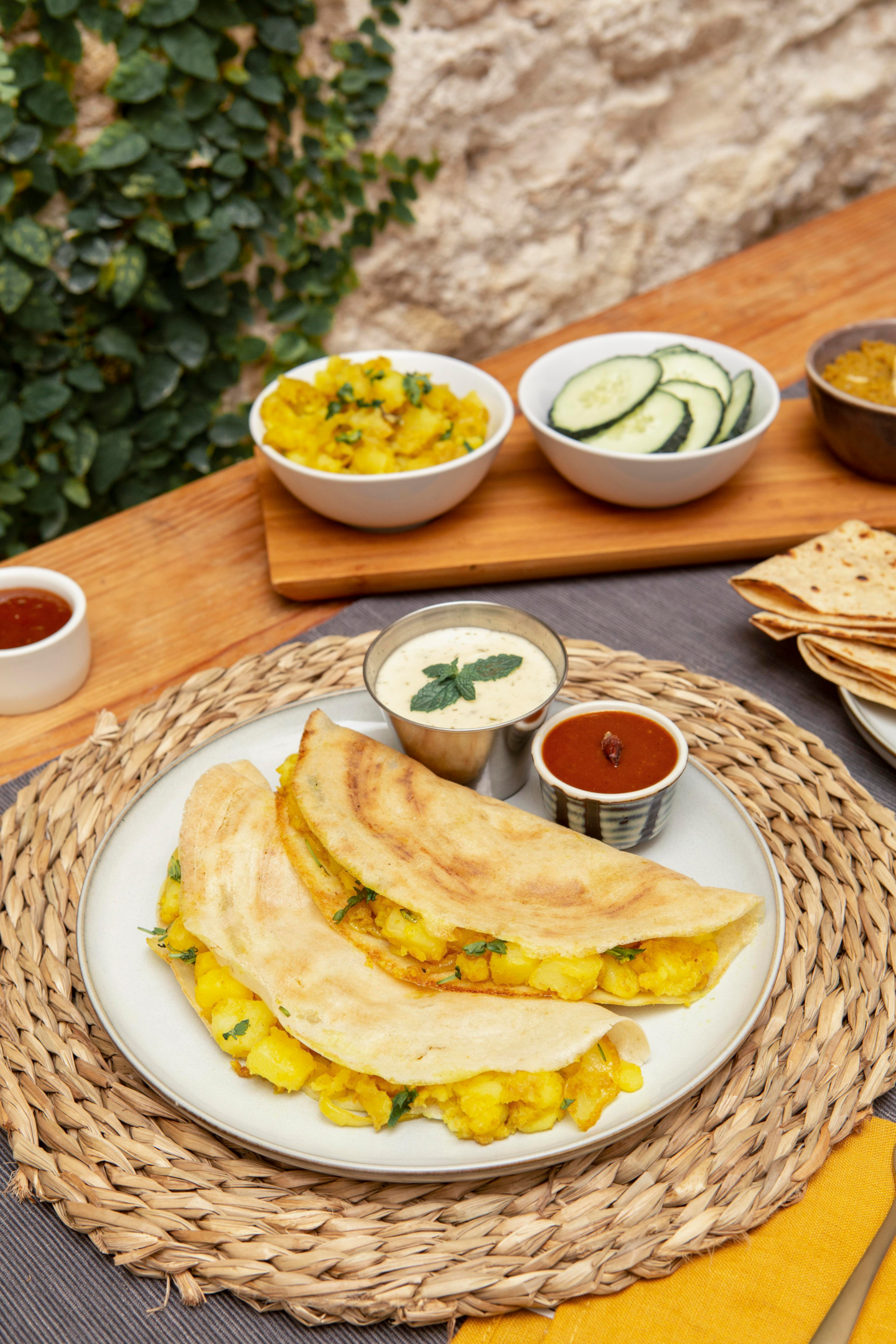 Delicious South Indian masala dosa served with chutney and sambar, perfect vegetarian breakfast or snack option