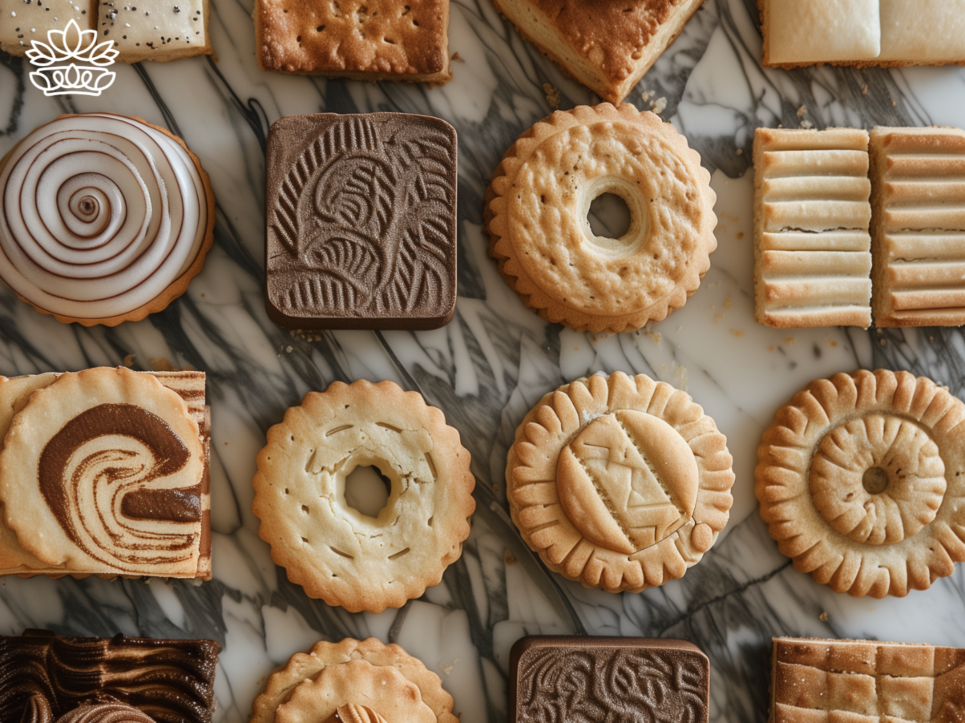 An assortment of delectable biscuits with intricate designs, displayed on a marble surface, perfect for accompanying a gift from Fabulous Flowers and Gifts.
