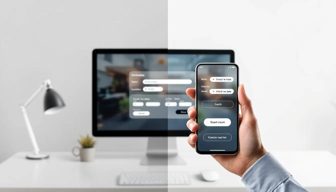 The image displays a split-screen view of a hotel booking engine interface, showcasing both a desktop computer and a mobile phone. The interfaces highlight features for direct bookings, online reservations, and the booking process, emphasizing a user-friendly experience for potential guests.