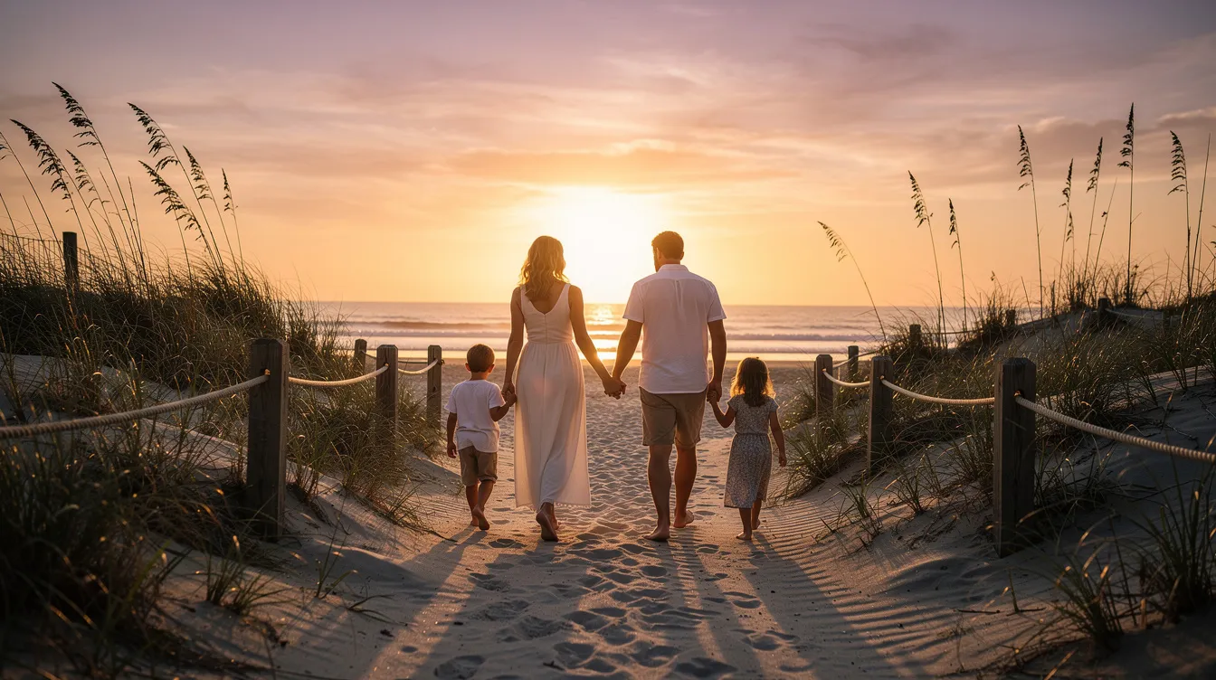 A family strolls along a quiet beach path at sunset, surrounded by the calming ambiance of nature, symbolizing the importance of mental health and emotional well-being. The scene highlights the connection between positive family interactions and improved mental health outcomes, emphasizing the role of supportive environments in promoting mental health care.