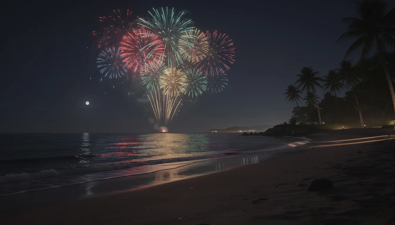 Na plaży nocą, pod rozświetlonym niebem, eksplodują kolorowe fajerwerki nad oceanem, a w tle widać wysokie palmy. To idealne miejsce na sylwestrową noc w Hiszpanii, gdzie turyści i mieszkańcy wspólnie celebrują nadejście nowego roku.