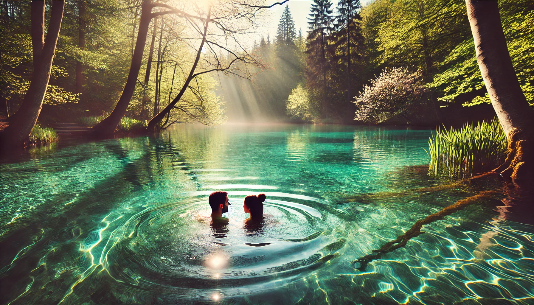 A couple swimming together in a beautiful clear spring 