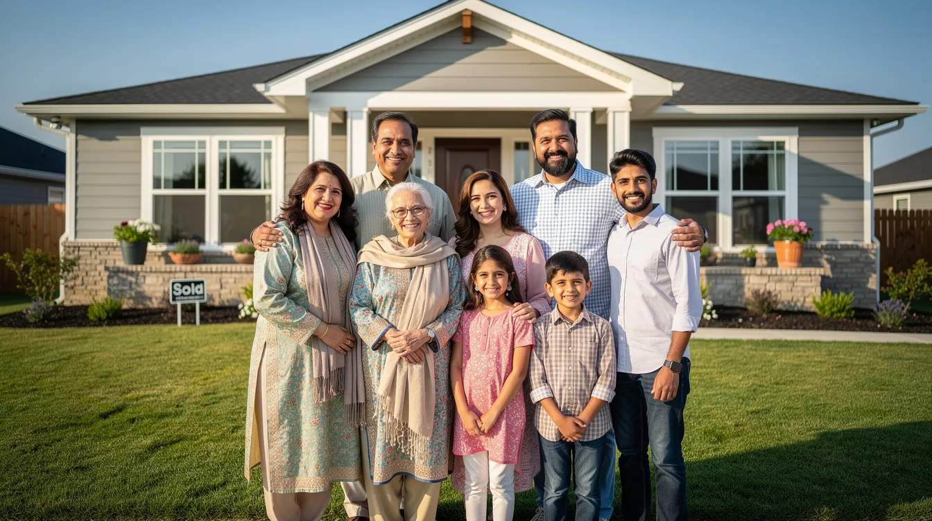 A joyful multigenerational Pakistani family stands together in front of their new house, smiling warmly as they celebrate their achievement. This image reflects the happiness of families who can now benefit from digital banking solutions like the Allied Bank Roshan Digital Account, making it easier for non-resident Pakistanis to manage their finances from abroad.