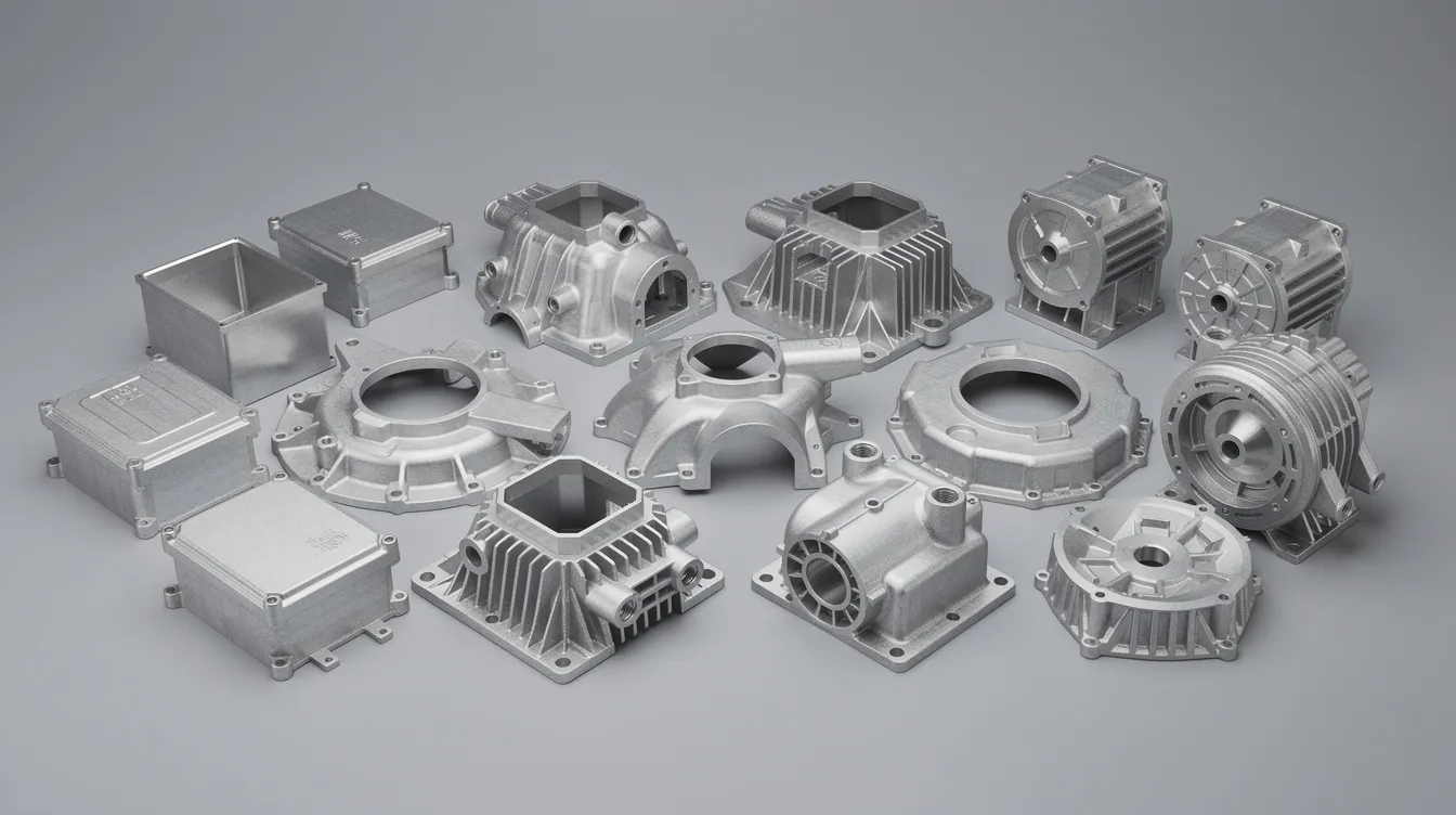 The image showcases a collection of various aluminum die cast components, including automotive housings, electronic enclosures, and industrial pump covers, highlighting their complex geometries and superior fluidity. These components are designed for high performance applications, emphasizing their excellent pressure tightness and enhanced corrosion resistance.
