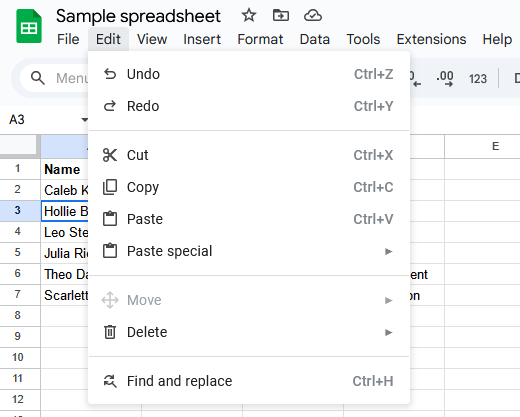 A screenshot of the Edit menu in Google Sheets.