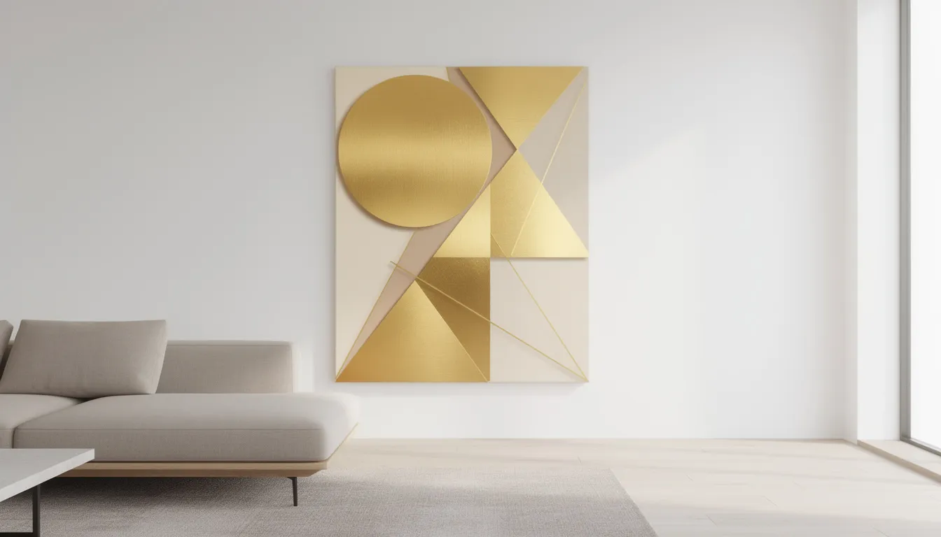 Bilden visar ett elegant guldabstrakt geometriskt konstverk upphängt på en vägg i en modern interiör, vilket förstärker rummets lyxiga inredning. Den gyllene väggkonsten kontrasterar vackert mot omgivande element och skapar en sofistikerad atmosfär.