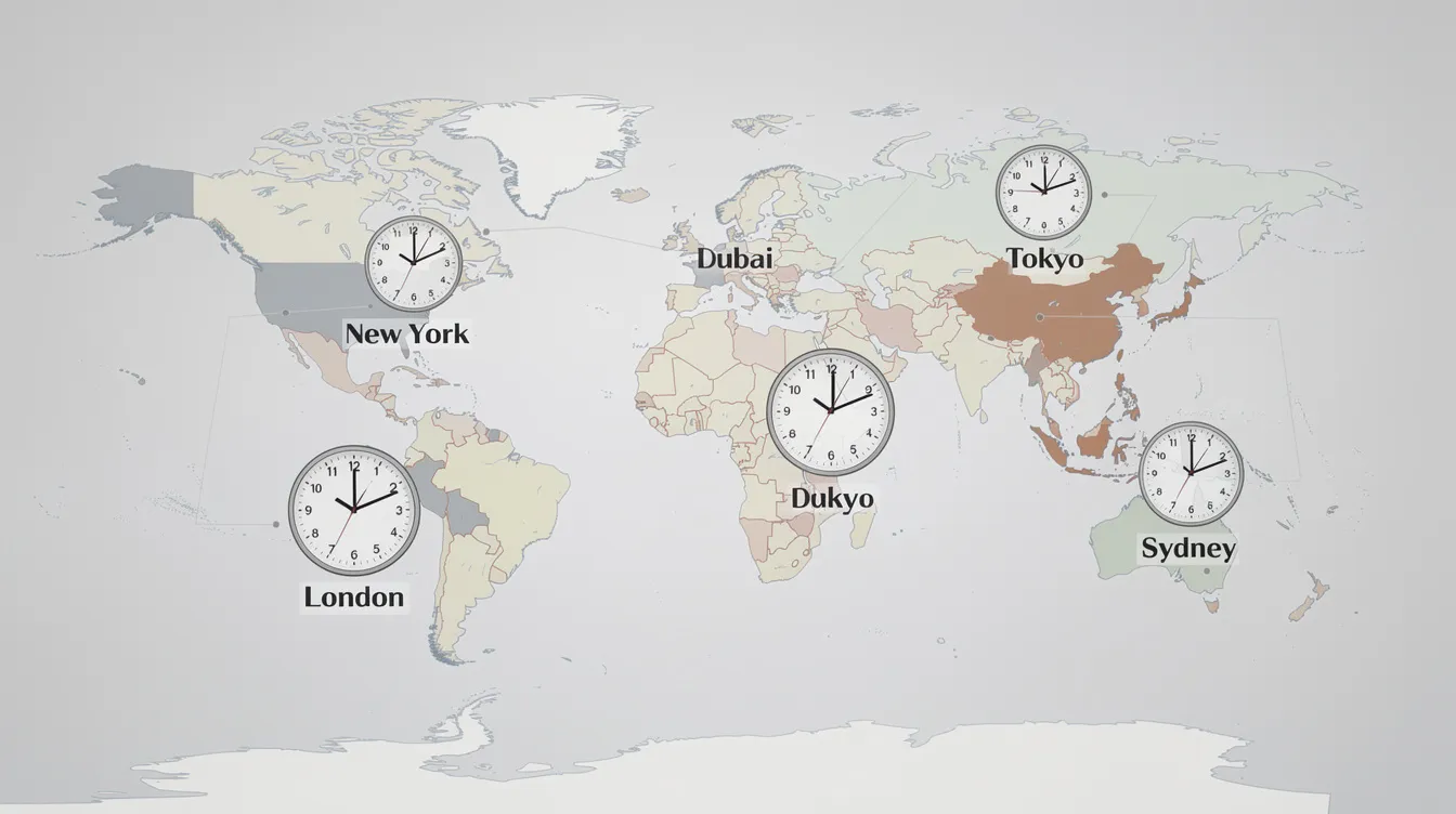 The image features a world map adorned with clock faces that indicate various time zones, illustrating the global nature of communication. It serves as a reminder of the different international dialing codes, including the Czech Republic's country code, which is essential for making international calls from cities like Prague and Brno.
