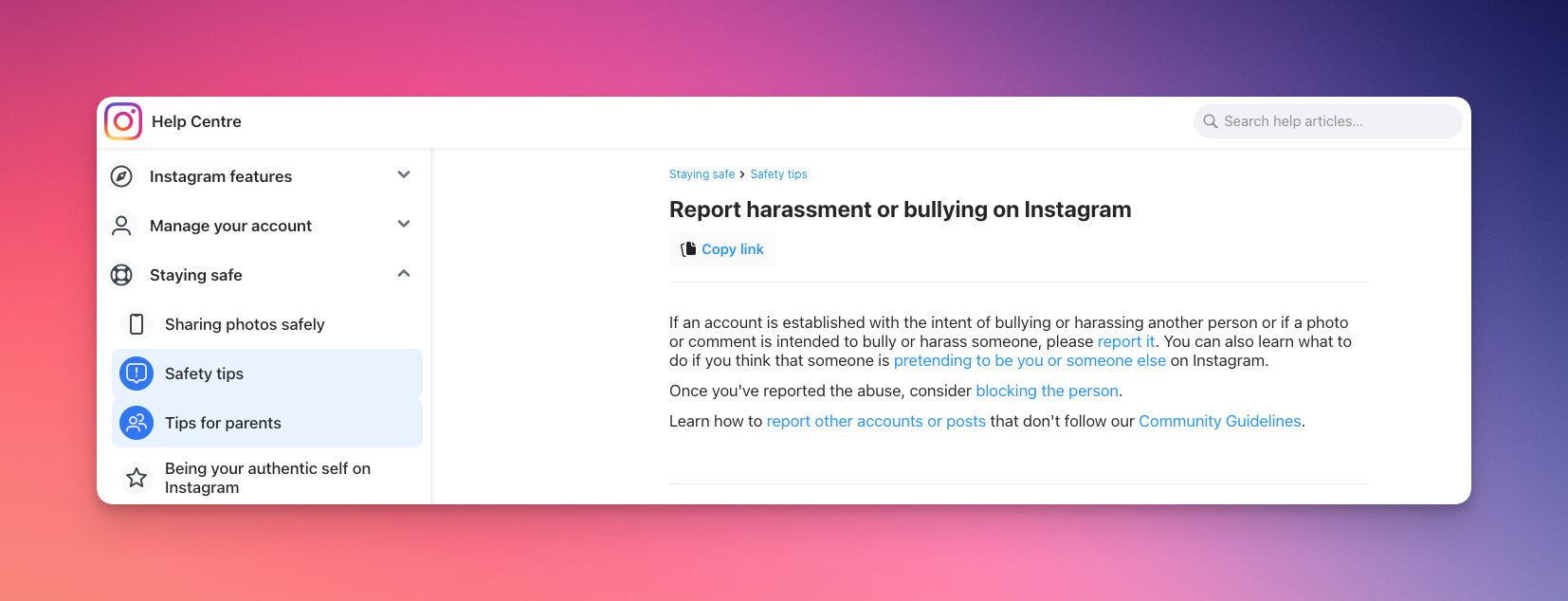 Remote.tools shows a screenshot from Instagram help center about reporting harassment or bullying on Instagram