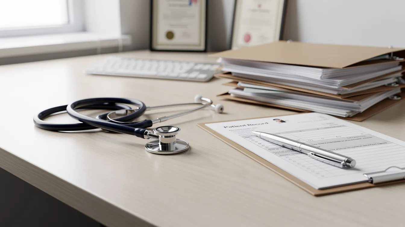The image depicts a stethoscope resting on top of medical files on a desk in a professional office setting, suggesting a focus on health conditions such as chronic kidney disease and the importance of medical evidence for disability claims. This scene reflects the seriousness of managing kidney function and related medical conditions.