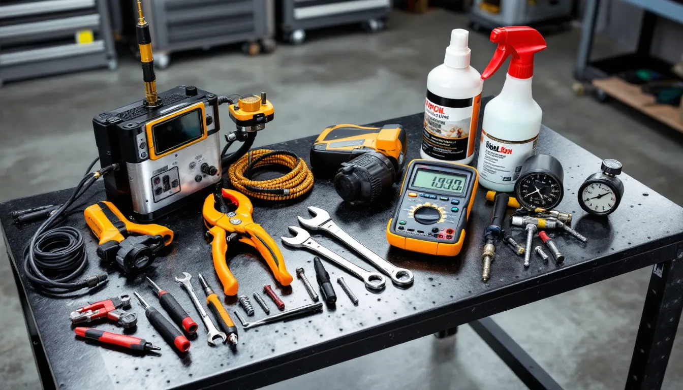 A variety of HVAC tools and equipment are neatly arranged on a workbench, ready for air conditioning maintenance and repair services. These tools are essential for ensuring energy efficiency and comfort in home cooling systems year-round.