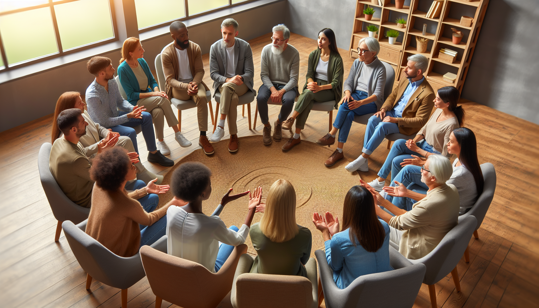 A diverse group of people sitting in a circle, talking and providing support to each other. Finding help for diabetes.