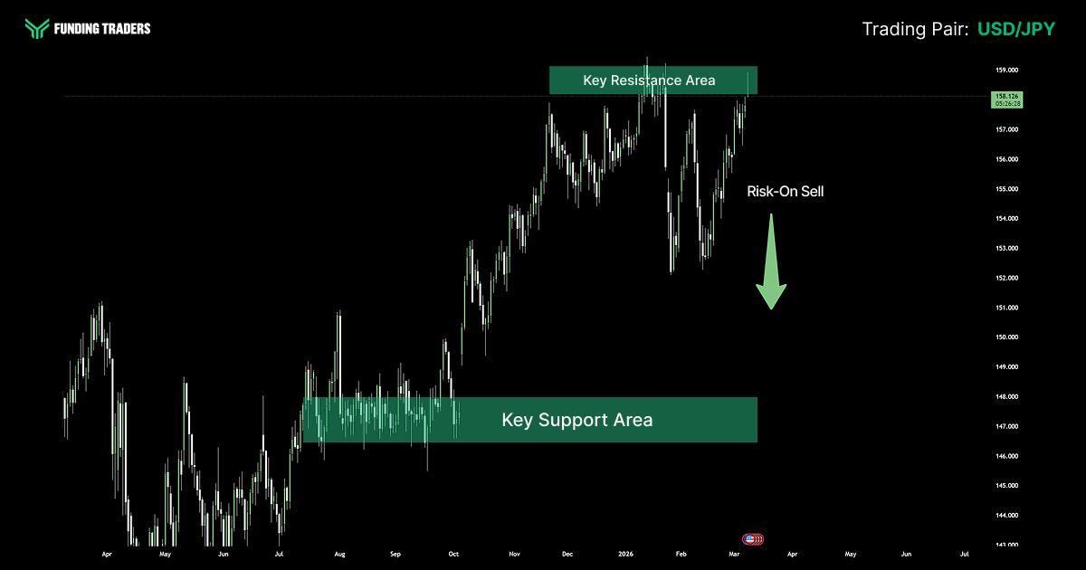 USD/JPY candlestick chart from Funding Traders spanning approximately April 2025 through mid-2026, showing a broad rally from a key support area around 147.00–148.00 up to a key resistance area near 158.50–159.00 where price is currently trading at 158.126. A downward arrow labeled "Risk-On Sell" suggests a bearish reversal from resistance, indicating an expectation that the dollar will weaken against the yen as the pair faces rejection at this upper boundary after an extended uptrend.