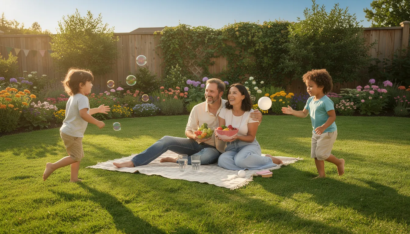 A vibrant summer garden scene shows a family enjoying their lush, healthy lawn, surrounded by well-maintained landscaping. The children play on the grass while adults relax, showcasing the pride and joy of a perfect lawn achieved through expert lawn care and regular maintenance.