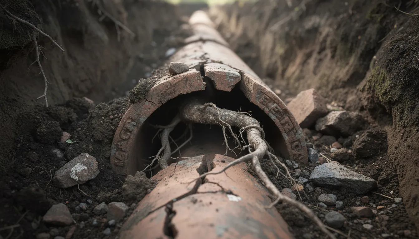 The image shows tree roots penetrating through a cracked clay sewer pipe, indicating potential sewer line damage that may require immediate attention. This root intrusion can lead to clogged sewer lines and necessitate sewer line repair services to prevent sewage backups.
