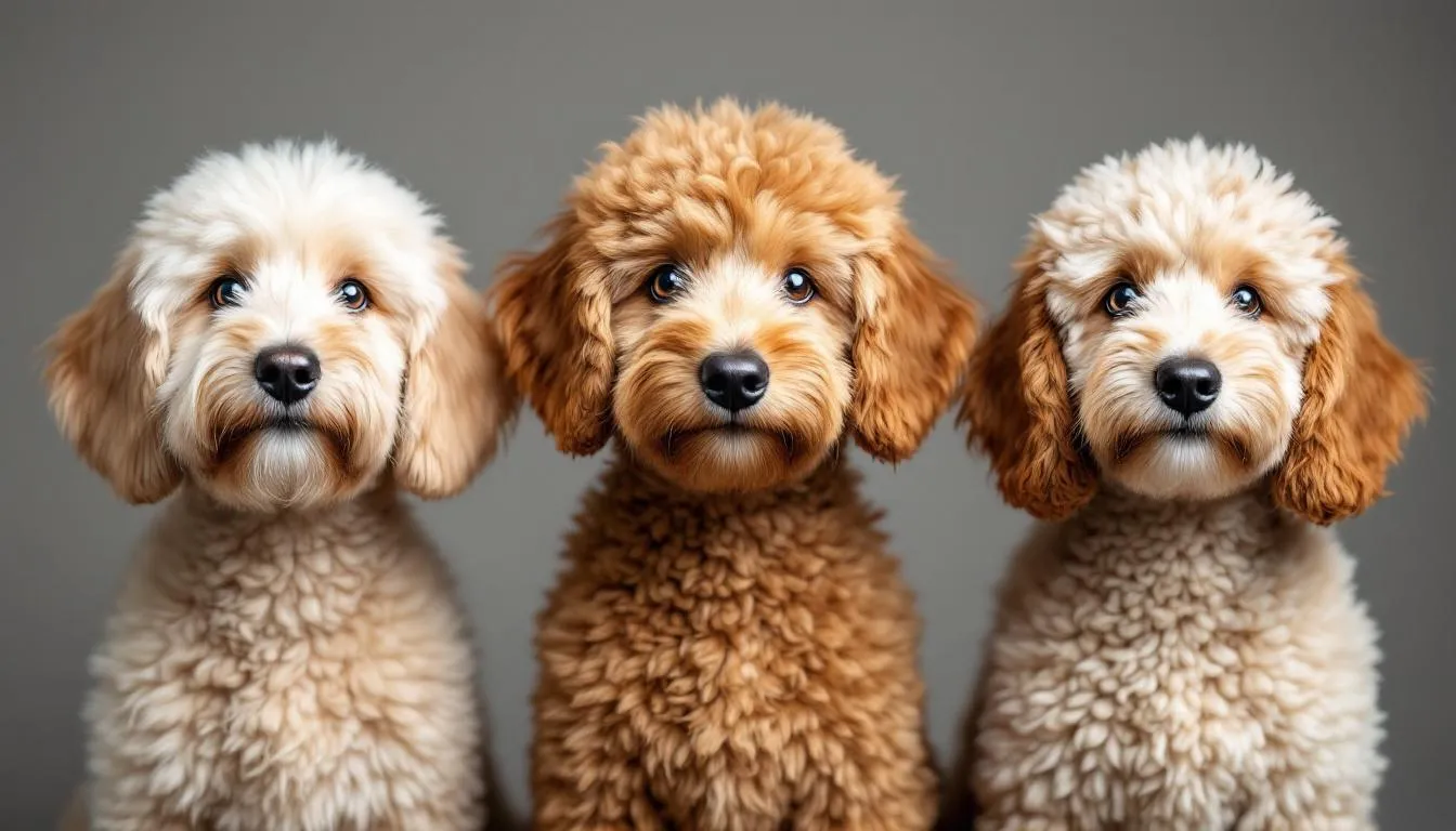 In this close-up comparison, three different mini goldendoodle coat types are displayed, showcasing straight, wavy, and curly textures. Each coat type highlights the unique characteristics of this hybrid breed, known for their friendly and affectionate nature, making them great companions and family pets.