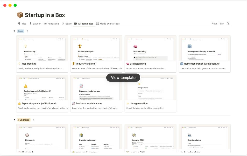 notion template - startup in a box