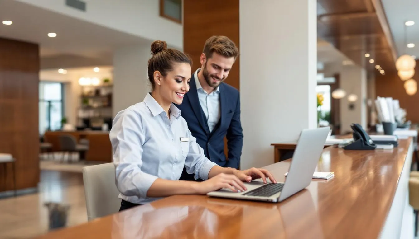 In the image, a hotel staff member is assisting a guest at the reception desk, using a computer to facilitate direct bookings. This interaction highlights the importance of effective revenue management strategies in the hospitality industry, aimed at maximizing profit and reducing potential revenue leaks.