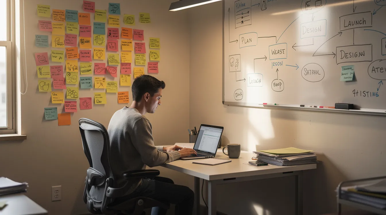 A focused individual is working at a laptop in a small office, surrounded by colorful sticky notes on the wall and a whiteboard filled with diagrams, reflecting the day-to-day operations of their new business venture. This environment showcases the entrepreneurial mindset necessary for successful business owners to develop innovative ideas and effective business plans.