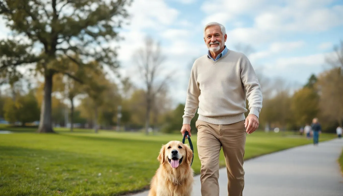 A senior man is walking a medium-sized dog, possibly a Cavalier King Charles Spaniel or a Shih Tzu, in a park, showcasing the bond of pet ownership. The scene highlights the joy of regular walks in a senior living community, emphasizing the affectionate nature of these wonderful companions.