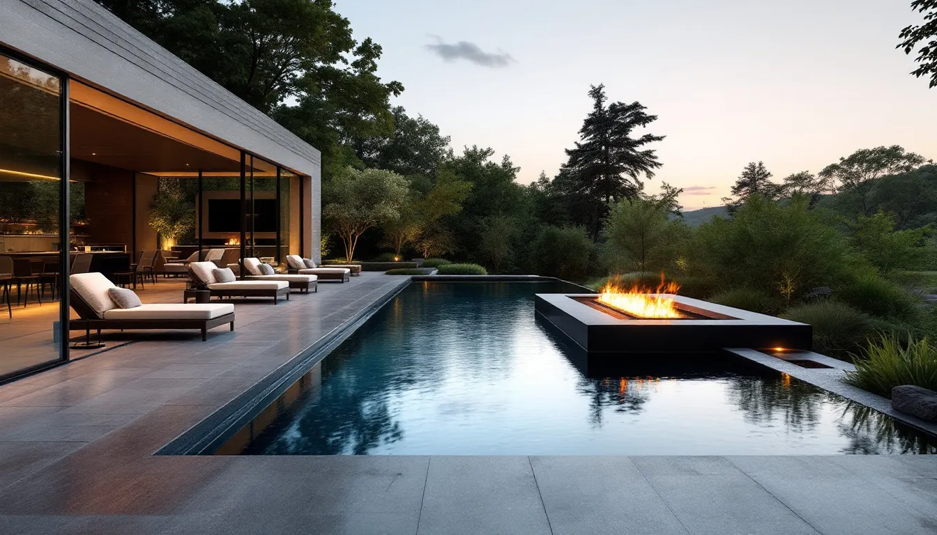 A serene pool environment designed for relaxation and entertainment, featuring water and fire elements.
