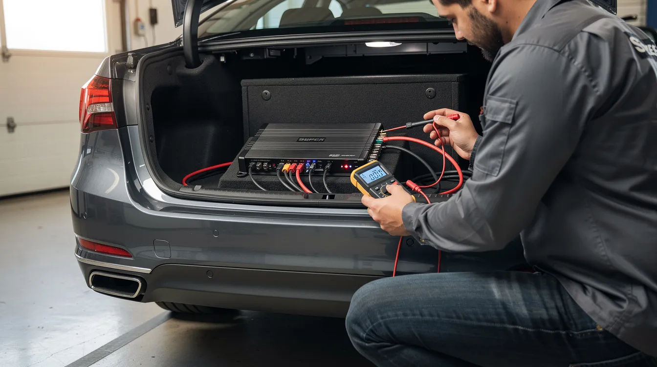 A technician is performing security verification on a car amplifier in the trunk of a vehicle using a multimeter. The technician is checking connections, including power and ground wires, to ensure the amplifier is not going into protection mode and is functioning properly for optimal car audio performance.