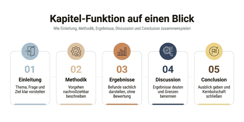 Übersicht der fünf Kapitel einer wissenschaftlichen Arbeit: Einleitung (Thema, Frage, Ziel), Methodik (Vorgehen), Ergebnisse (Befunde sachlich), Discussion (Deutung und Grenzen), Conclusion (Ausblick und Kernbotschaft)