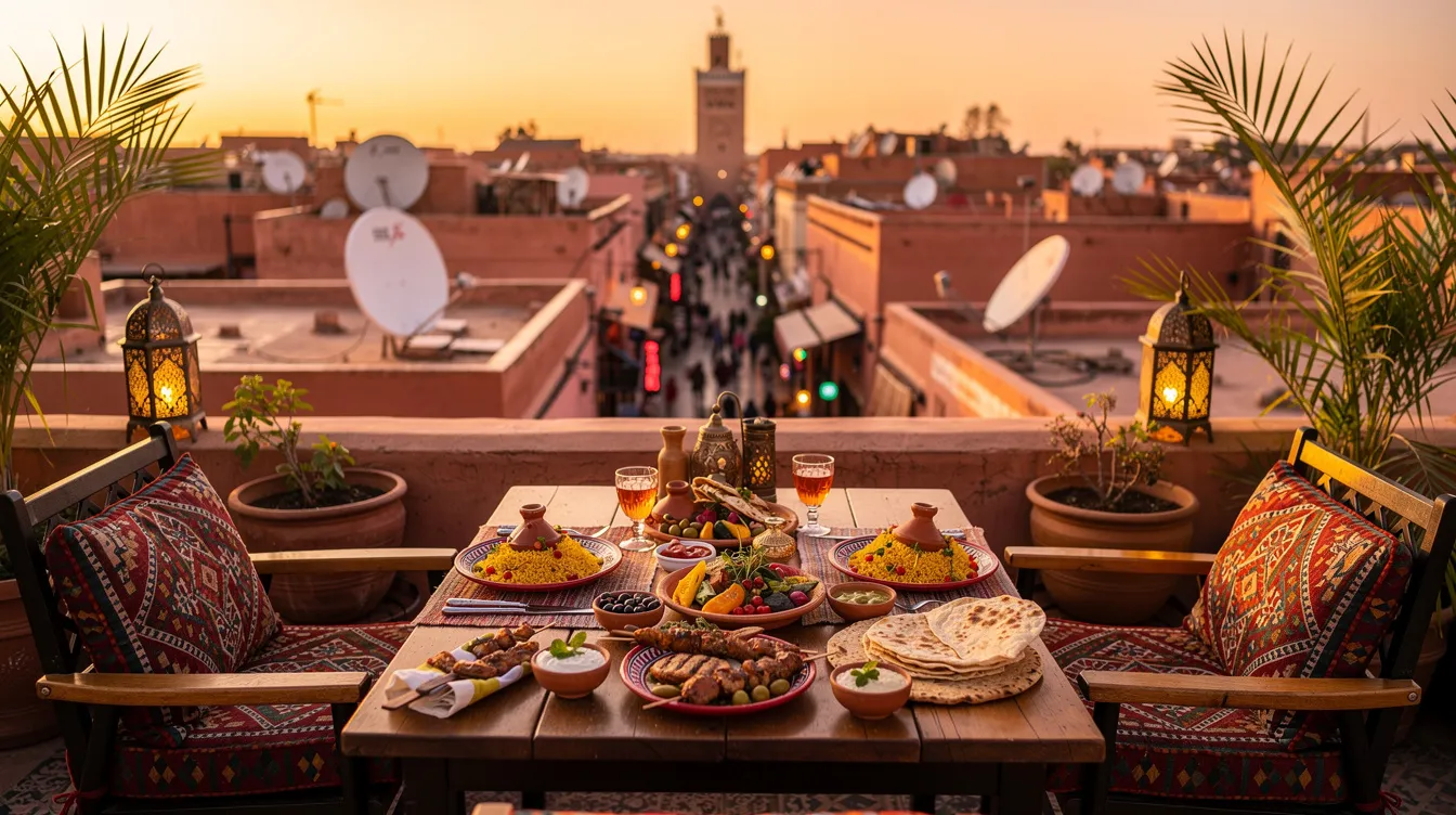 The image depicts a charming rooftop restaurant terrace in Marrakech, adorned with plates of traditional Moroccan dishes, including fresh salads and roasted vegetables, as the sun sets over the vibrant medina. Guests can enjoy a variety of vegetarian options while sipping on mint tea, surrounded by the rich culture and stunning views of the Atlas Mountains.