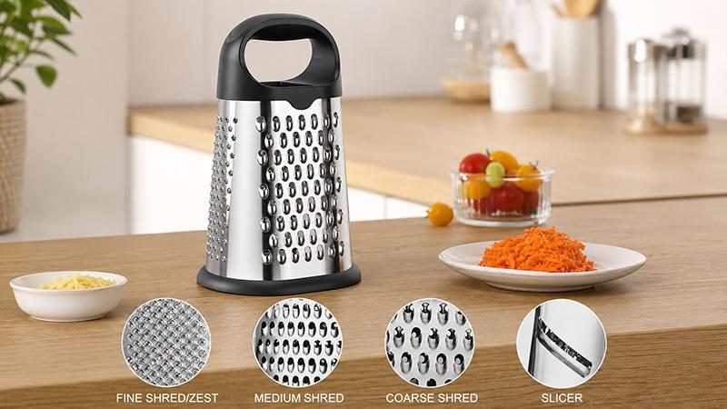 Four-sided box grater with coarse, fine, slicing, and zesting surfaces.
