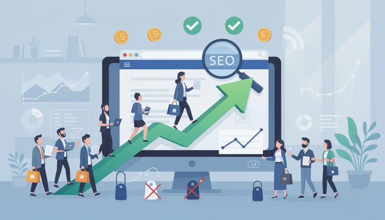 An informative graphic illustrating the importance of search engine optimization (SEO) for website visibility, featuring keywords like "organic traffic," "search rankings," and "google search console." The image highlights how effective SEO strategies can lead to increased leads and sales while offering a cost-effective alternative to paid advertising.